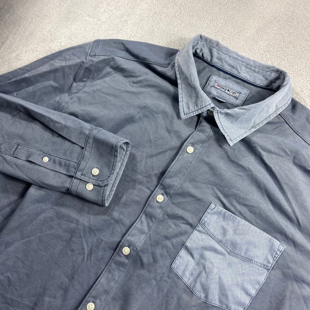 32 Bar Blues Mens XXL Blue Textured Long Sleeve Button Down Shirt Striped Pocket